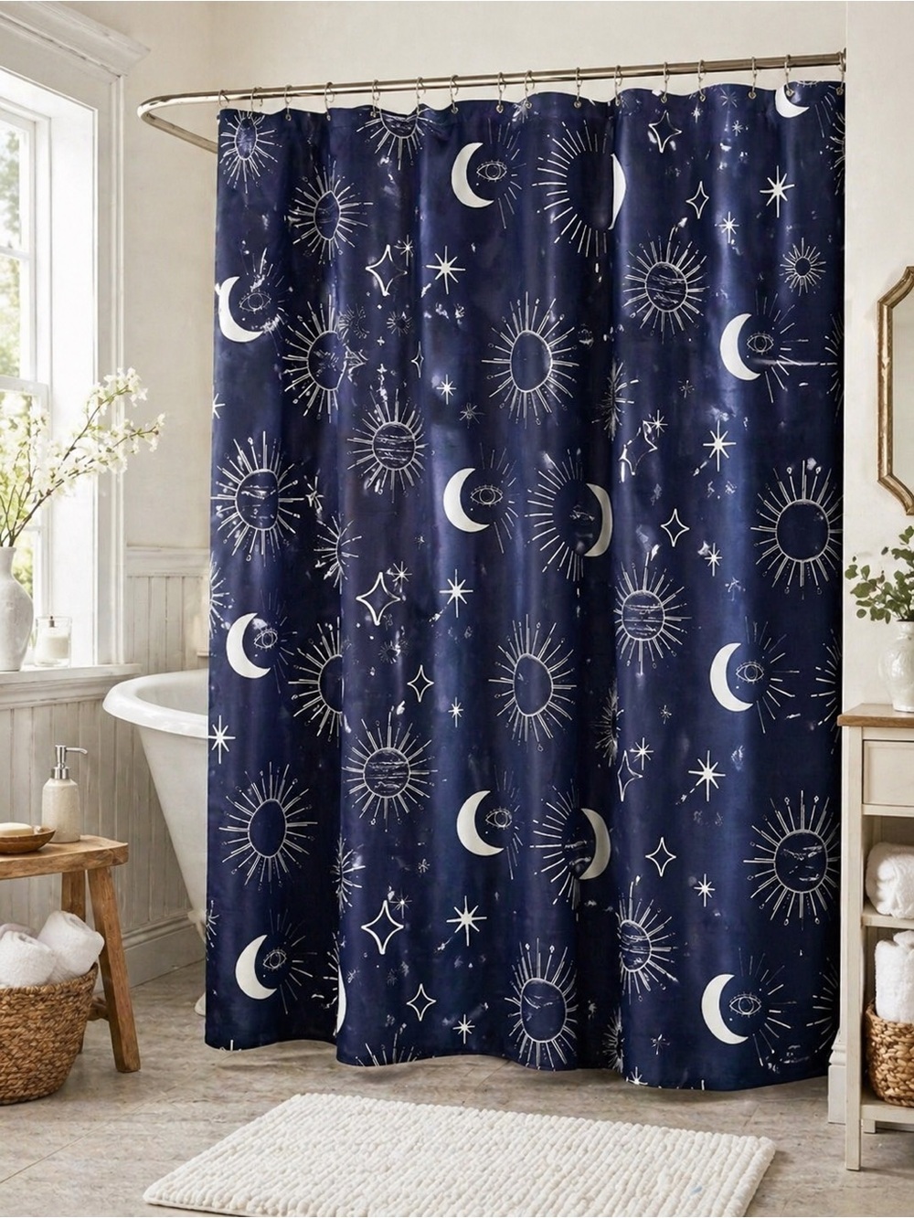 Moon Sun Stars Evil Eye Blue Shower Curtain